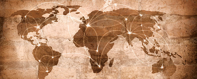 Pacific Exchange blog world map sepia with connecting points