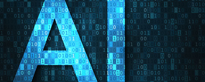 Artificial intelligence illustration with AI over binary code matrix background