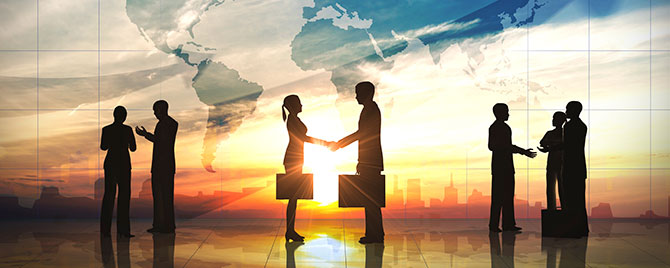Global team business shake hand silhouettes city with world