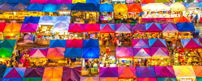 Colorful tents of small businesses in Asia