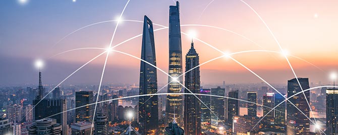 Shanghai skyline with overlay of network mesh