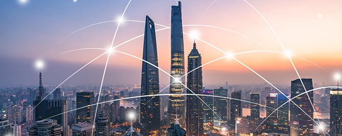 Shanghai skyline with overlay of network mesh