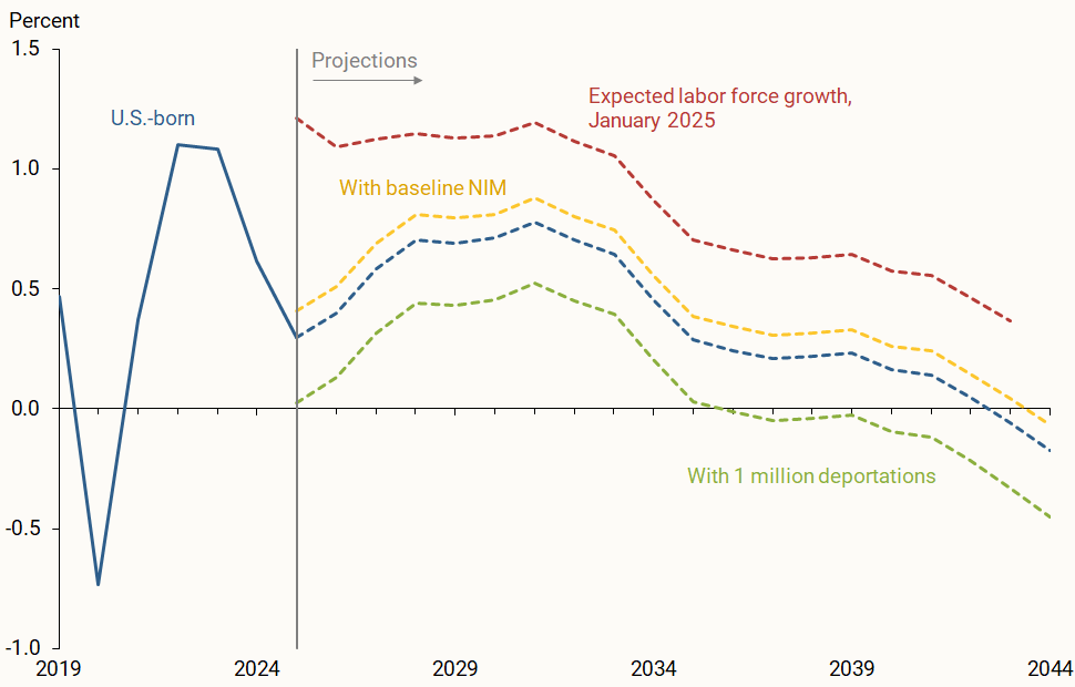 The dashed lines in Figure 3 show three scenarios for potential prime-age labor force growth in 2025 and beyond, adding our native-born contributions (blue line) to different assumptions for foreign-born contributions.