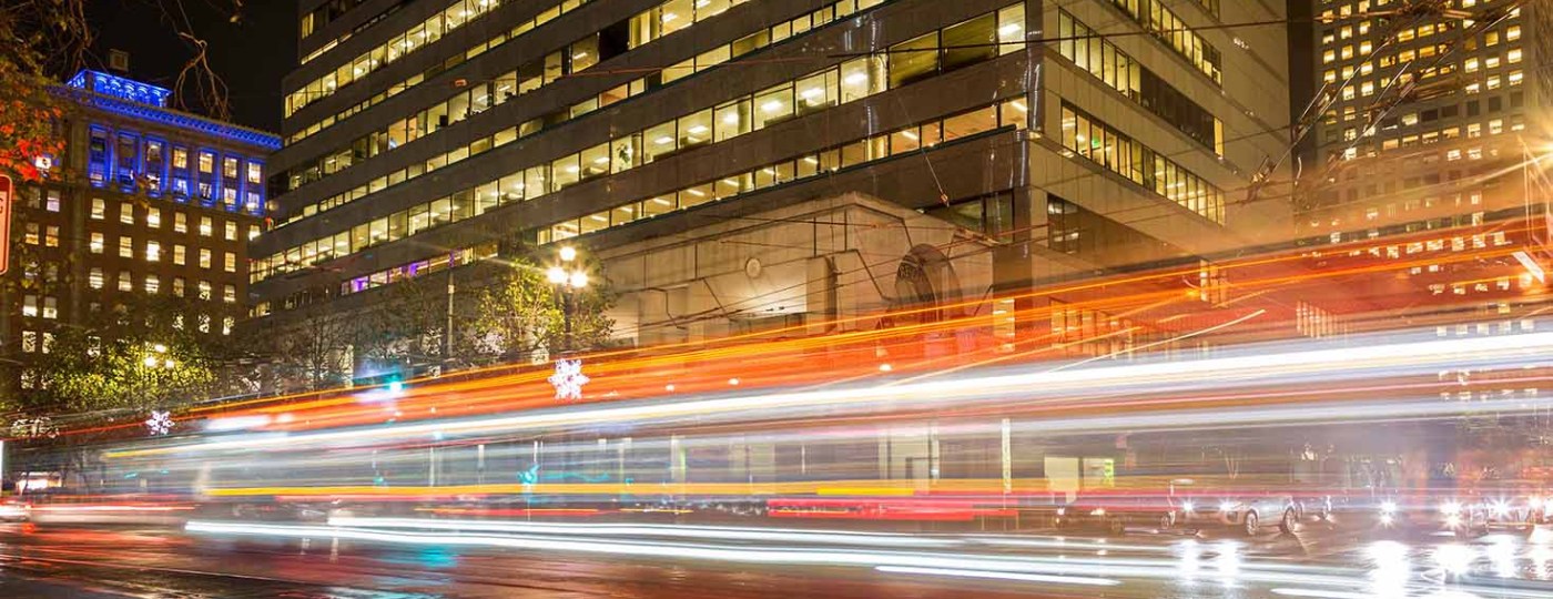 Car trail in front of the SF Fed. Photo by Sean Qiu.