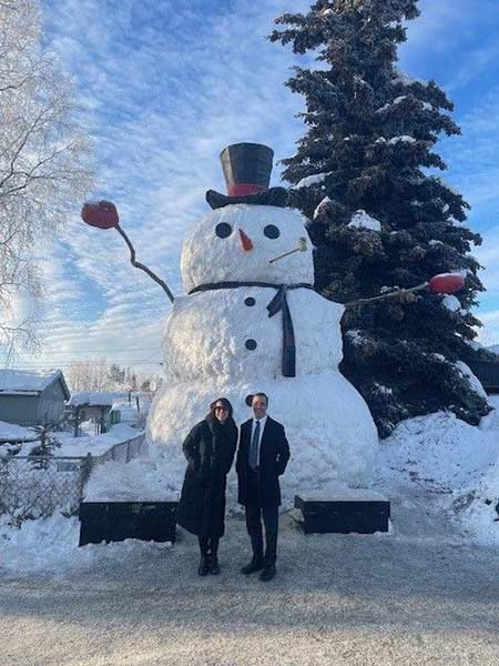 Christina and Steve paying a visit to Snowzilla, Anchorage's popular winter attraction.