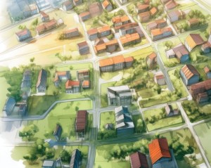 Aerial image of a neighborhood, generated by AI.