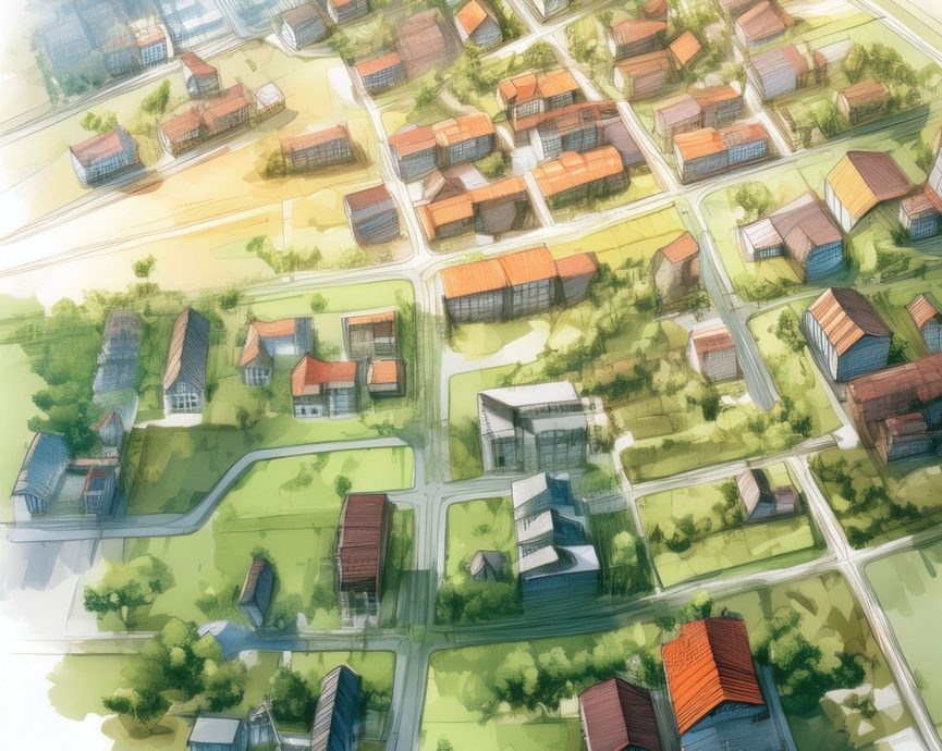 Aerial image of a neighborhood, generated by AI.