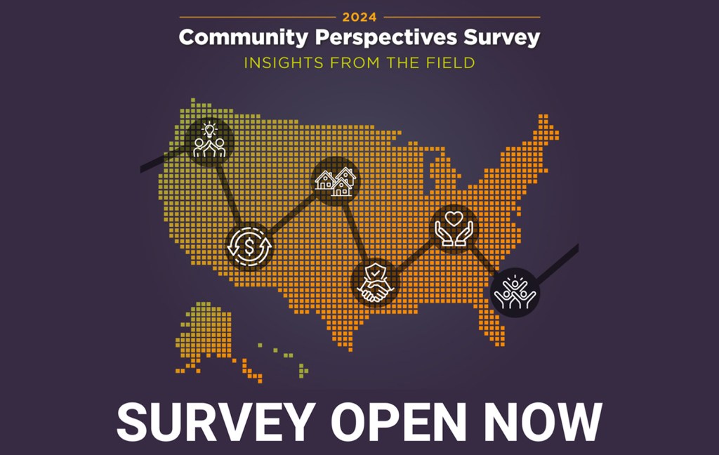Map of the United States with text saying Survey Open Now for the Community Perspectives Survey 2024.