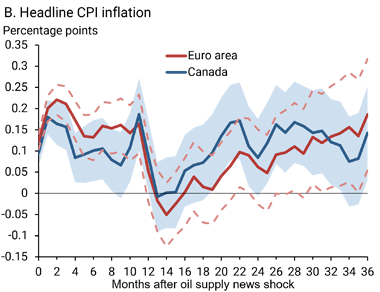 Panel B shows inflation rises in Canada and the euro area, with peak responses occurring within the first 12 months.
