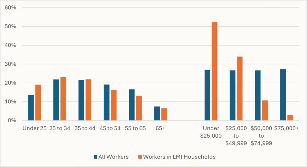 Double bar chart comparing percentage of workers and percentage of workers in LMI households by age and earning levels.