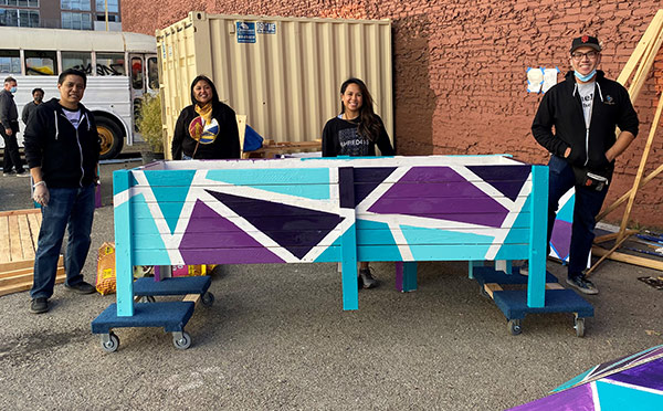 Halo-Halo Leadership team members volunteering at Kapwa Gardens in October 2020. Pictured from left to right: Michael Nimis, Maritess Villanueva, Jennifer Chaparro, and Jordan Villa.