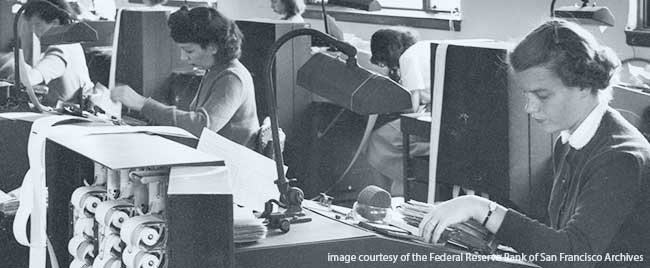IBM proof machines, 1951. These check processing machines were first installed at the San Francisco head office in 1944. By 1951, San Francisco had 37 machines in operation.