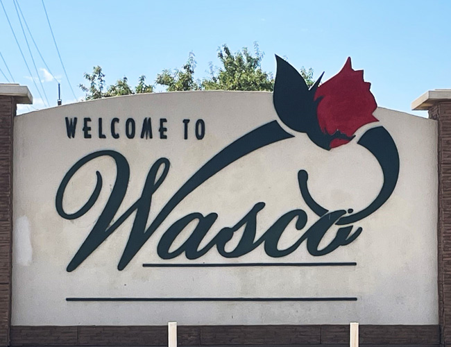 Welcome sign to Wasco, a small town outside of Bakersfield, California.