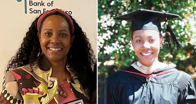 Carly Vivian (left). Carly Vivian at her grad school graduation (right).