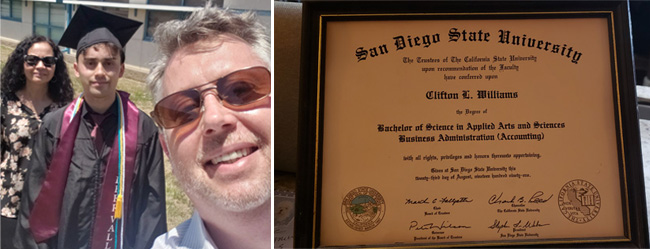 Clifton Williams with his family at his son’s high school graduation (left). Clifton’s college diploma (right).