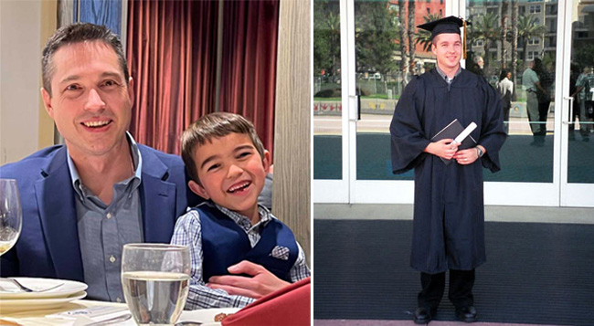 Kevin Luke with his son (left). Kevin at his college graduation (right).
