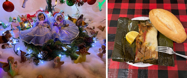 The Barrios family’s nativity figurines from Guatemala (L); Guatemalan tamales (R).