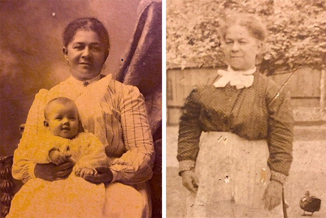On the left, Nicie Austin in the 1880s as a paid nursemaid. On the right, Nicie Austin in the 1920s known as “gramma Austin” 