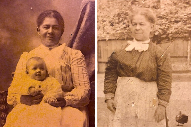On the left, Nicie Austin in the 1880s as a paid nursemaid. On the right, Nicie Austin in the 1920s known as “gramma Austin”