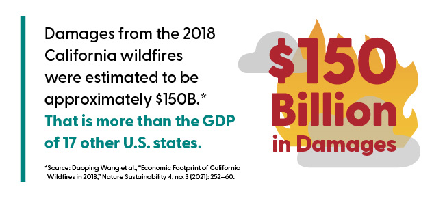 Damages from the 2018 California wildfires were estimated to be approximately $150B. That is more than the GDP of 17 other U.S. states.