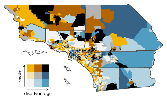Map of LA region showing overlap of heavy smoke exposure and social disadvantage