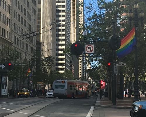 Photo of LGBT Pride flags on Market Street San Francisco