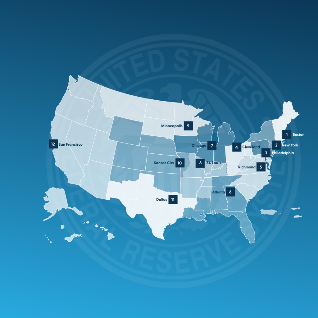 map of the united states showing the federal reserve system and twelve reserve bank headquarters