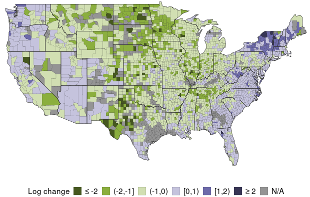 U.S. map showing prior month's projected growth of COVID-19 infections by county