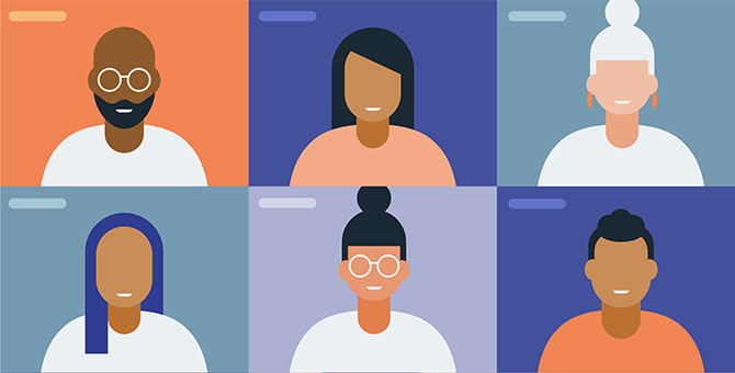 Diverse group of individuals in boxes on a screen