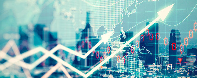 image of financial chart overlaid on financial district of city