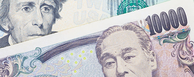 Japanese yen currency and dollar bank note