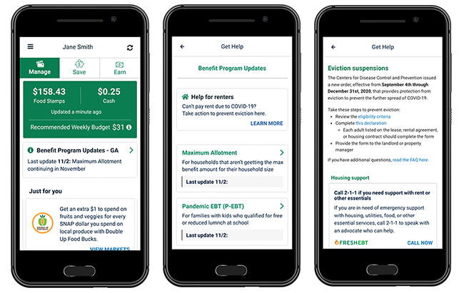 Image of a mobile phone showing three views of Benefits Update Center in Fresh EBT app.