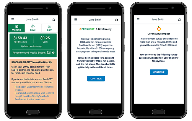 Image of a mobile phone showing three views of Benefits Update Center in Fresh EBT app.