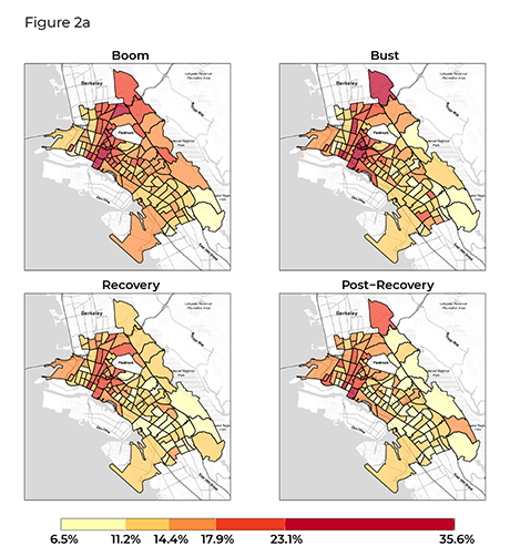 A map showing moves (left) in Oakland over four time periods. Lighter yellow colors show lower rates and darker red colors show higher rates.