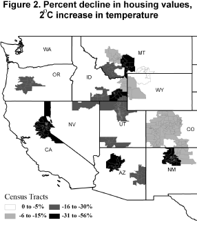 Figure 2: Percent decline in housing values, 2 degree celcius increase in temperature