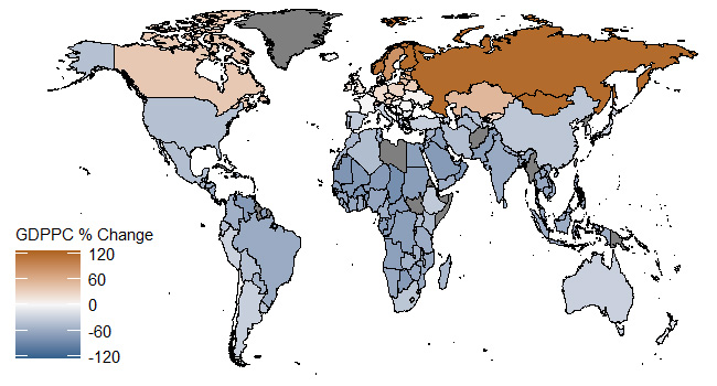 Effects of higher temperature on 2100 GDP per person assuming permanent growth effects