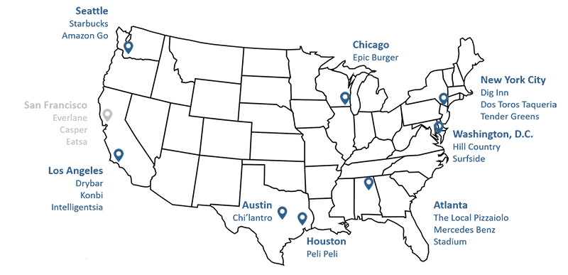 Map of US showing Sample of Cashless Businesses across the United States