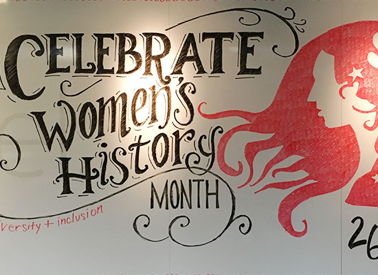 'Celebrate Women's History Month' mural with drawings of women in profile and facts about women in the workforce
