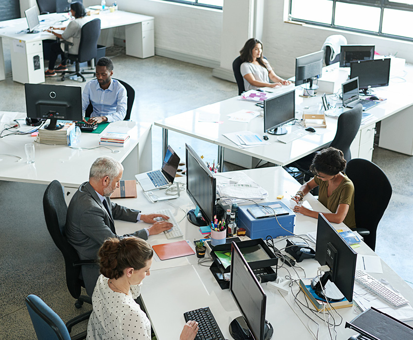 Workers at their computers in an office