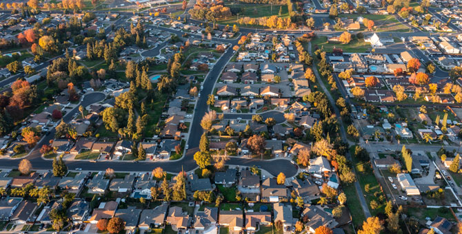 Aerial view of suburban neighborhood.